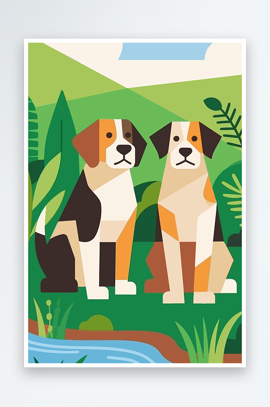 卡通狗绿植矢量插画-众图网