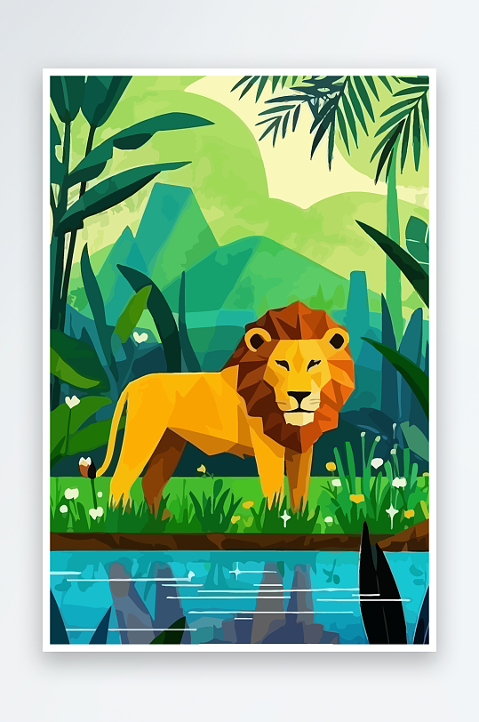 卡通狮子绿植插画元素-众图网