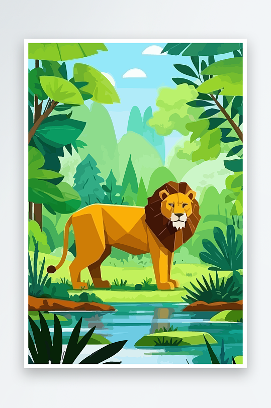 卡通狮子绿植插画元素-众图网