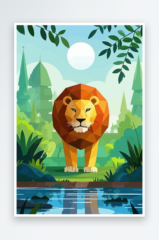 卡通狮子绿植插画-众图网