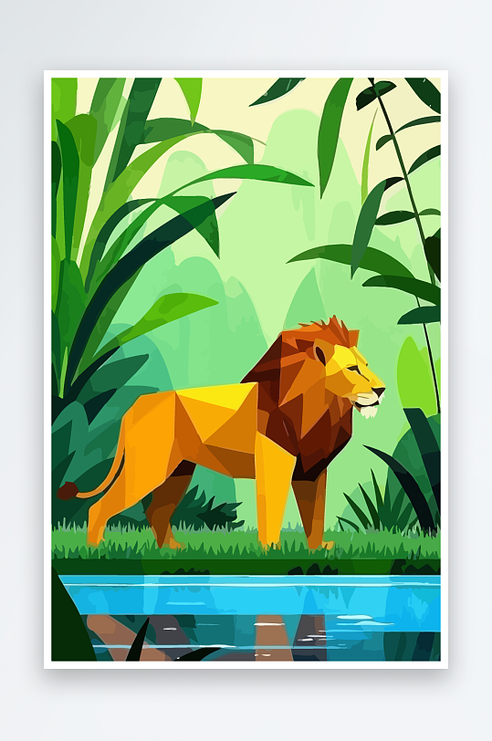 卡通狮子绿植插画-众图网