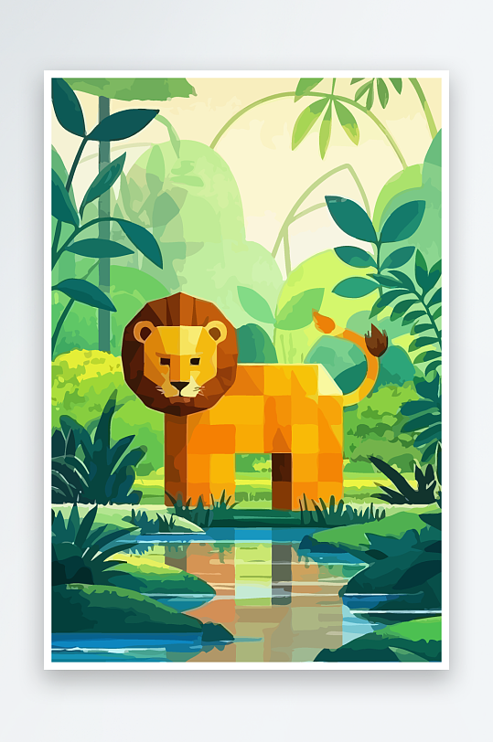 卡通狮子绿植插画-众图网