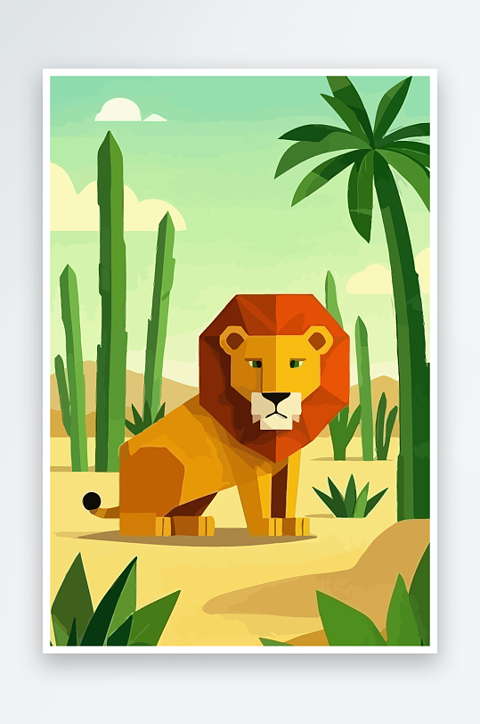 卡通狮子绿植插画-众图网