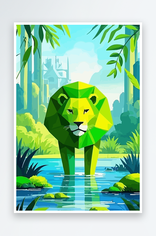 卡通狮子绿植插画-众图网