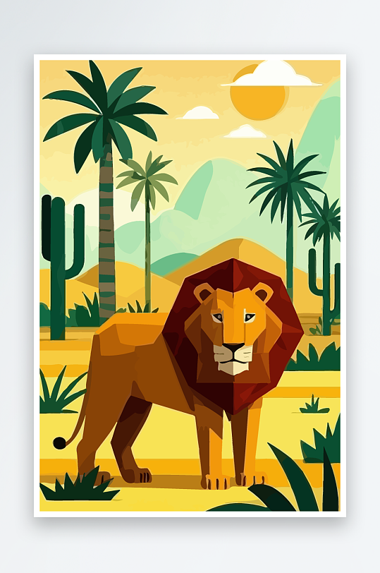 卡通狮子绿植插画-众图网