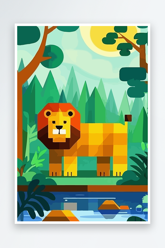 卡通狮子绿植插画-众图网