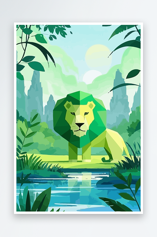 卡通狮子绿植插画-众图网