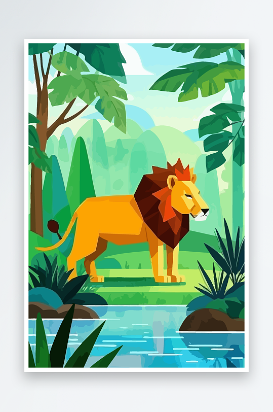 卡通狮子绿植插画-众图网