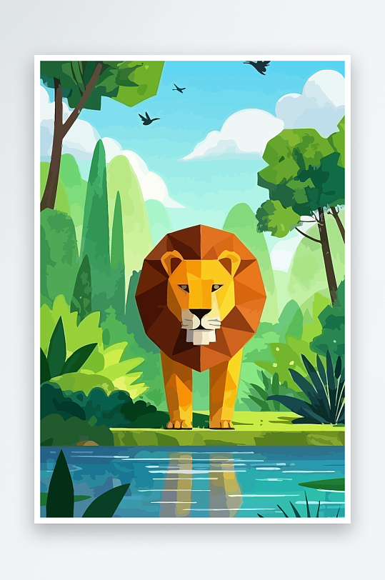 卡通狮子绿植插画元素-众图网