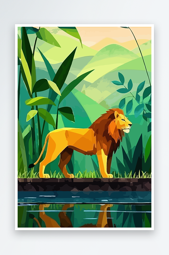 卡通狮子绿植插画元素-众图网