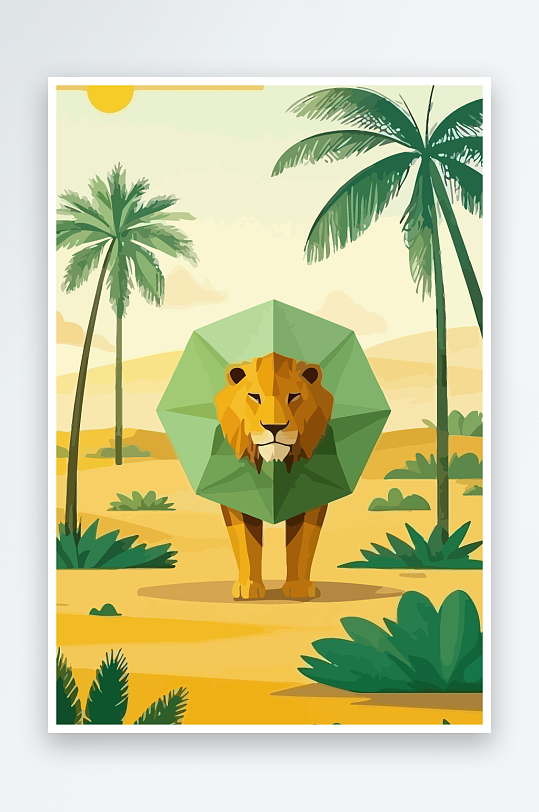 卡通狮子绿植插画元素-众图网