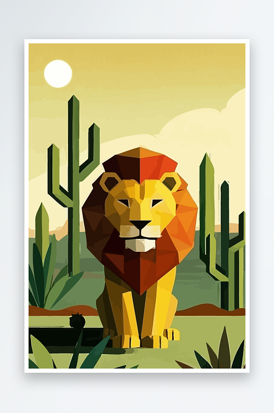 卡通狮子绿植插画-众图网