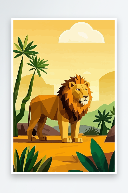 卡通狮子绿植插画-众图网
