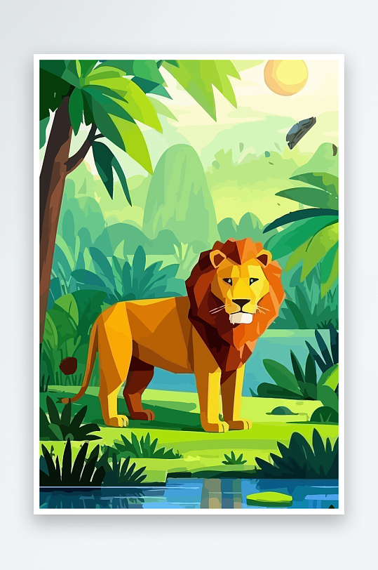 卡通狮子绿植插画-众图网