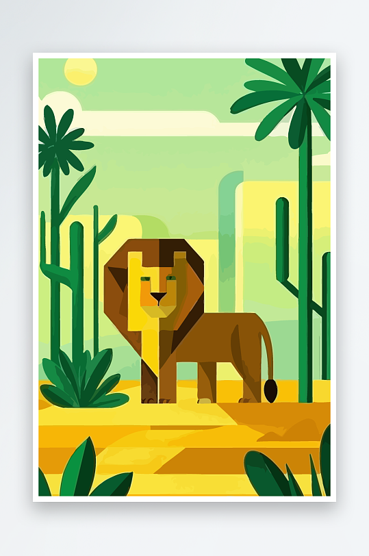 卡通狮子绿植插画-众图网