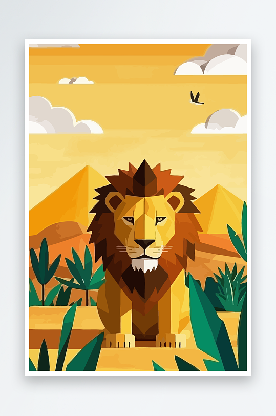 卡通狮子绿植插画-众图网