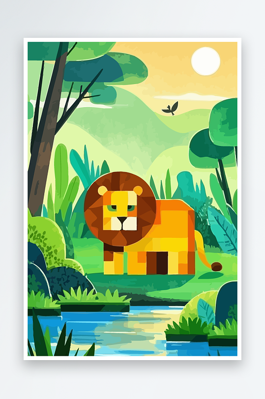 卡通狮子绿植插画-众图网