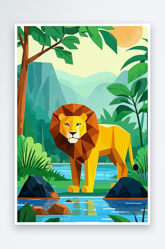 卡通狮子绿植插画元素-众图网