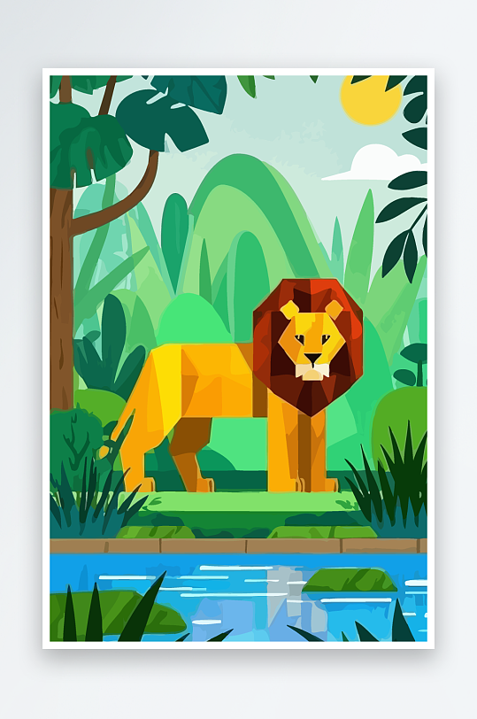卡通狮子绿植插画元素-众图网