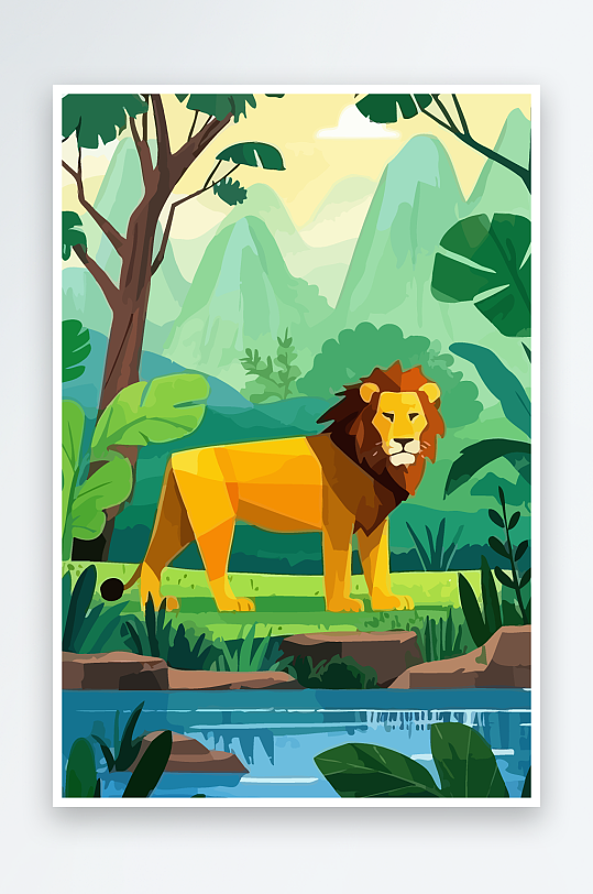 卡通狮子绿植插画元素-众图网