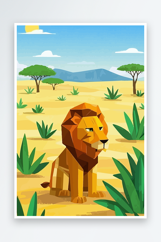 卡通狮子绿植插画-众图网