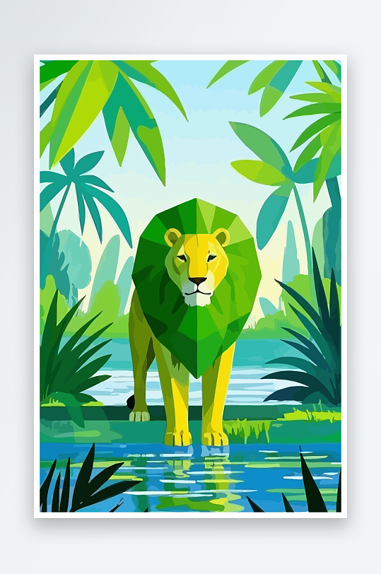 卡通狮子绿植插画-众图网