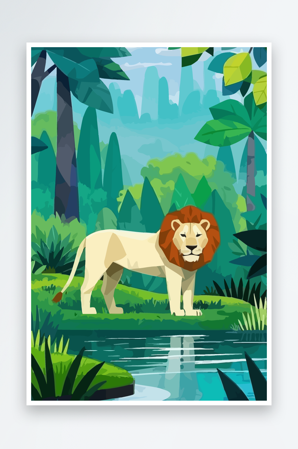 卡通狮子绿植插画素材