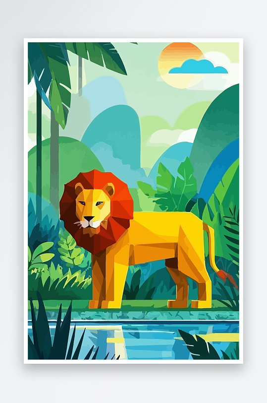 卡通狮子绿植插画-众图网