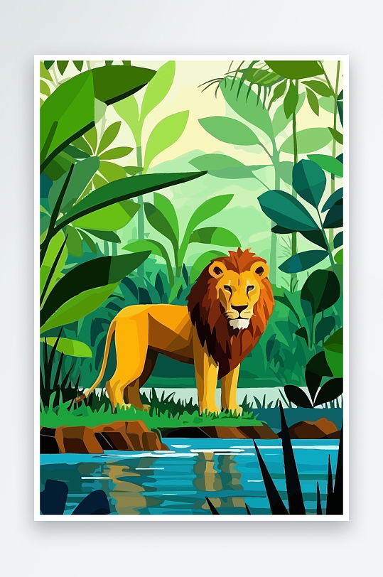 卡通狮子绿植插画-众图网