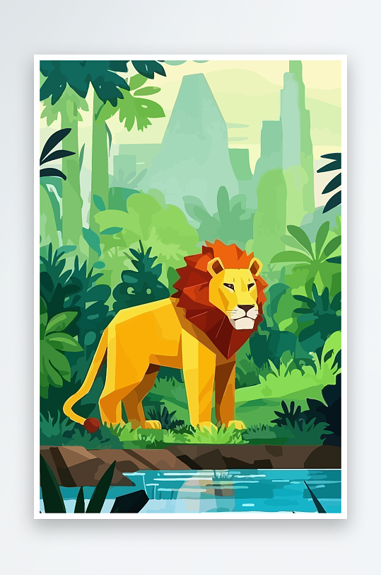 卡通狮子绿植插画-众图网