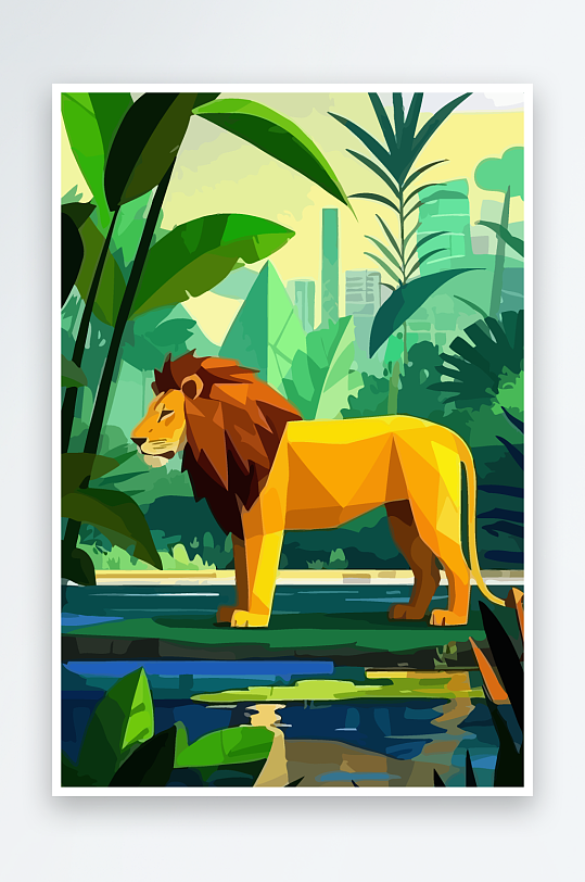 卡通狮子绿植插画元素-众图网