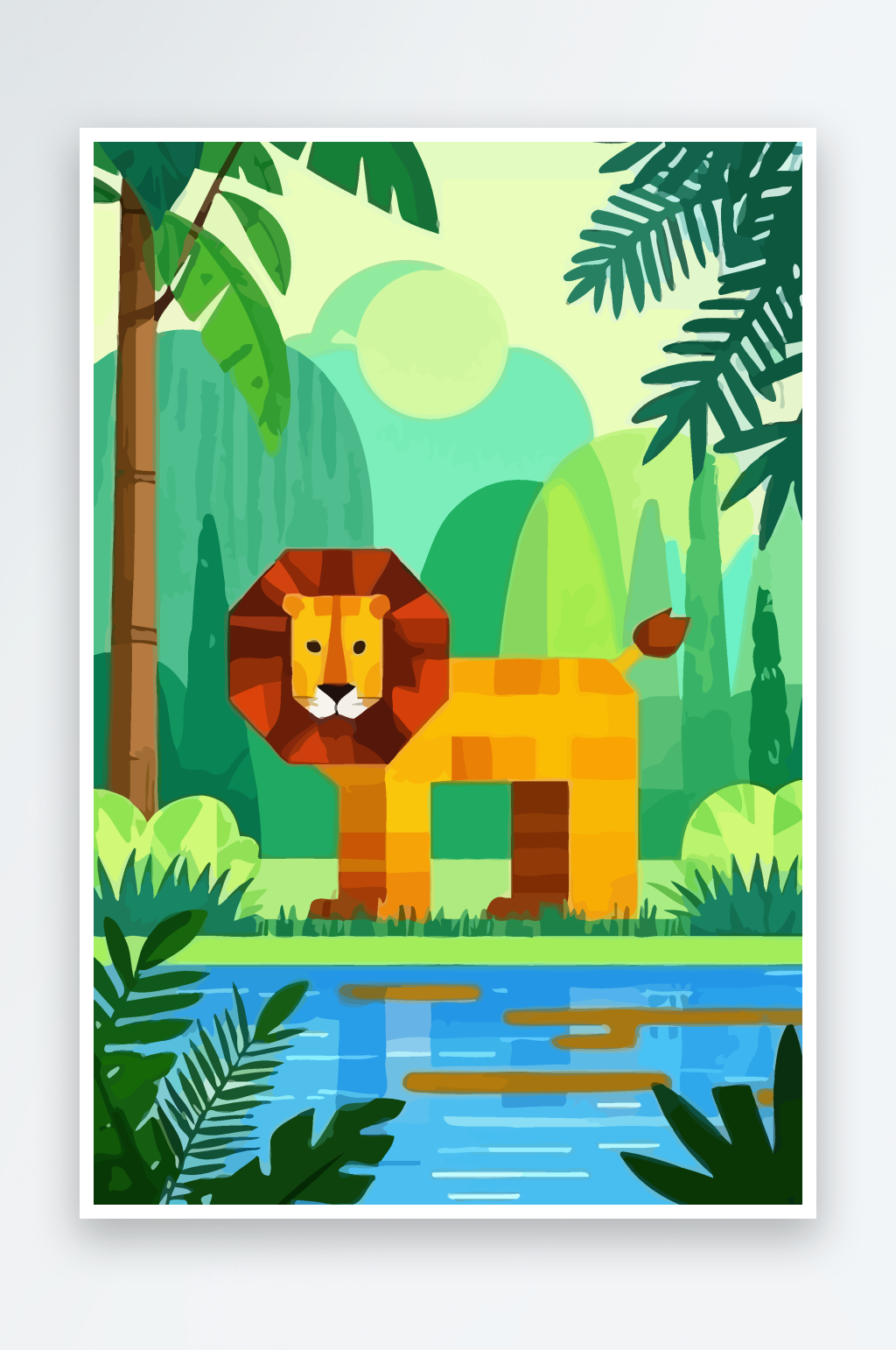 卡通狮子绿植插画元素素材