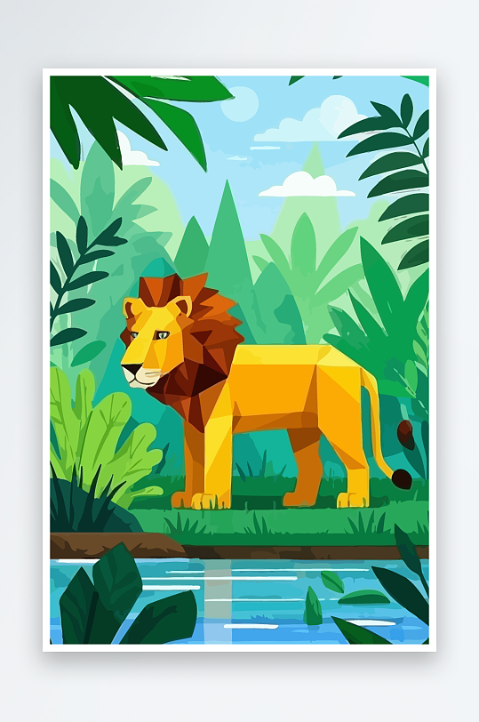 卡通狮子绿植插画元素-众图网