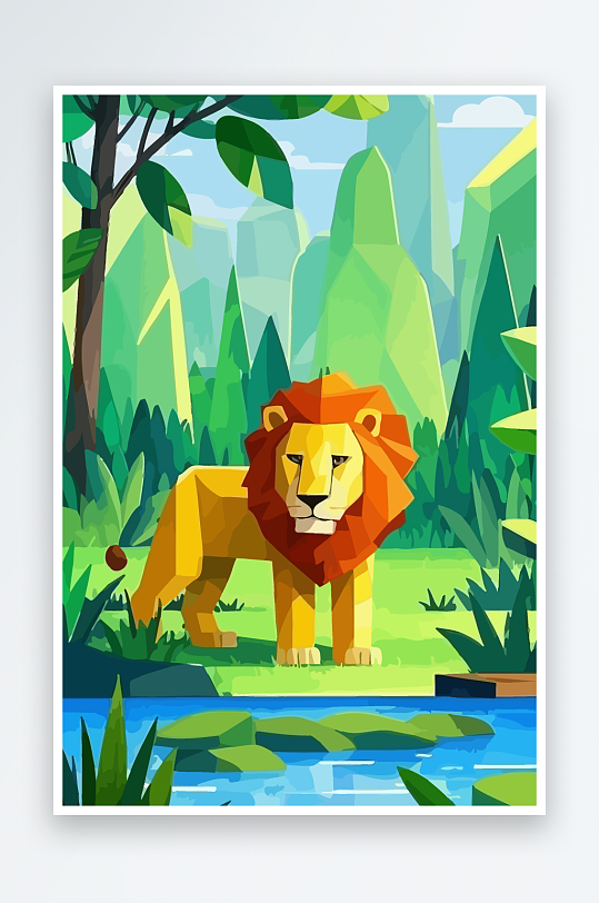 卡通狮子绿植插画元素-众图网