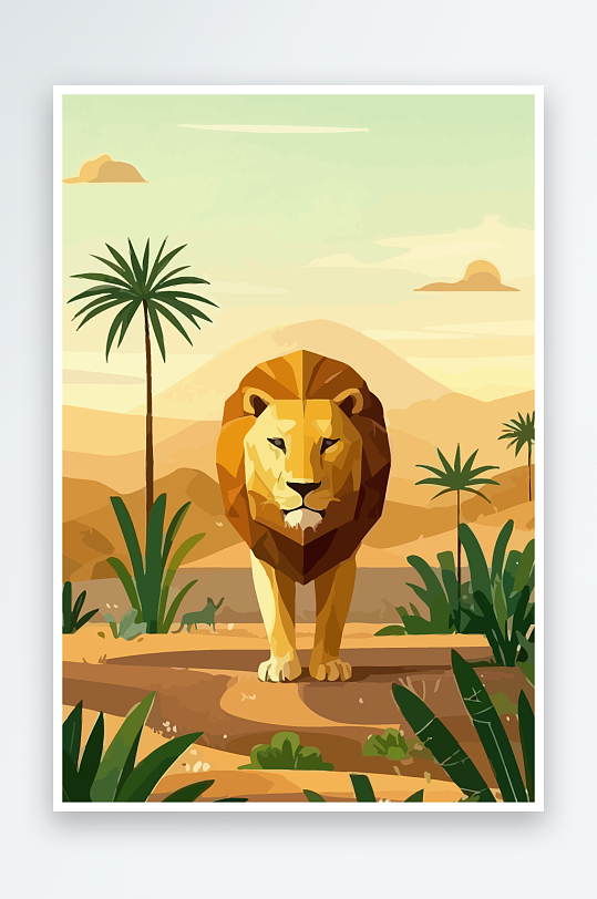 卡通狮子绿植插画-众图网