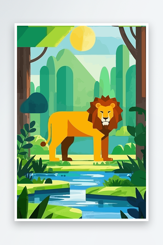 卡通狮子绿植插画-众图网