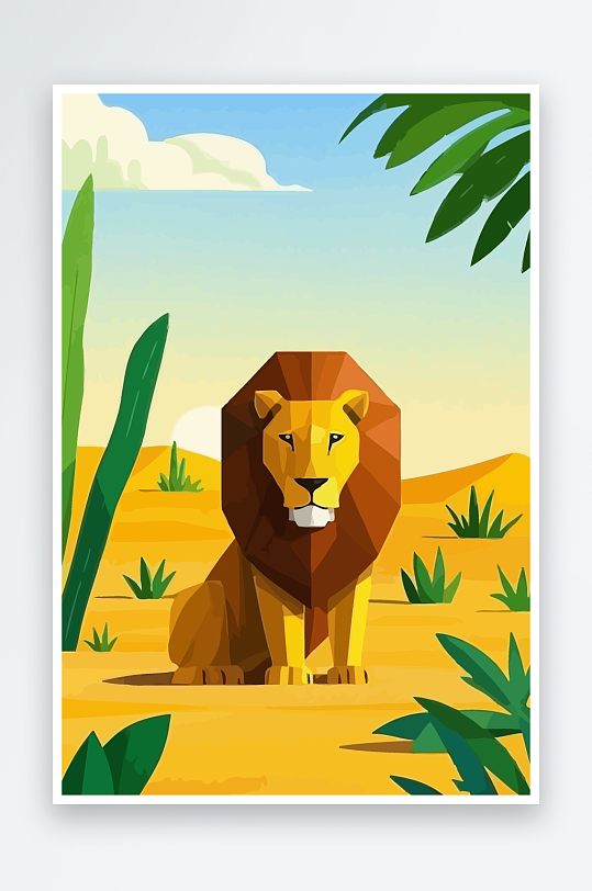 卡通狮子绿植插画-众图网