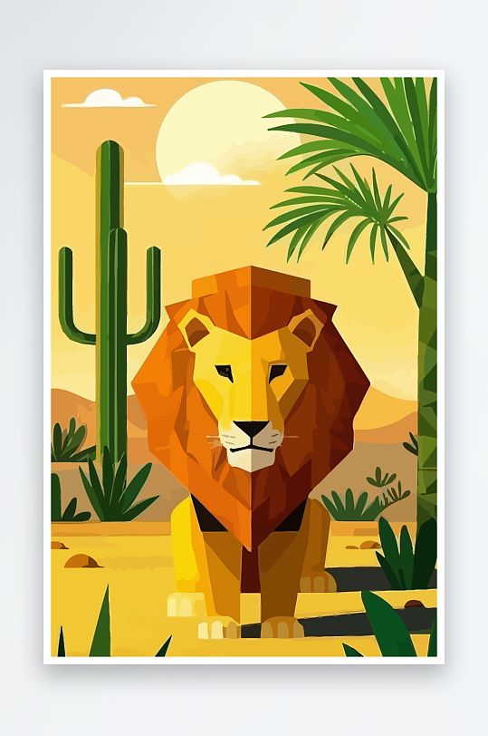 卡通狮子绿植插画-众图网