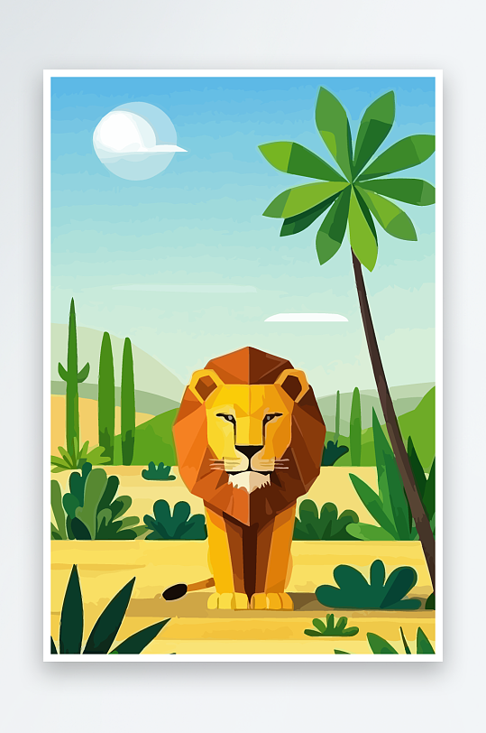 卡通狮子绿植插画-众图网