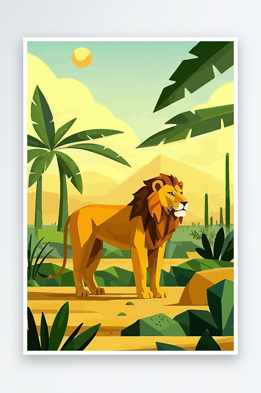 卡通狮子绿植插画-众图网