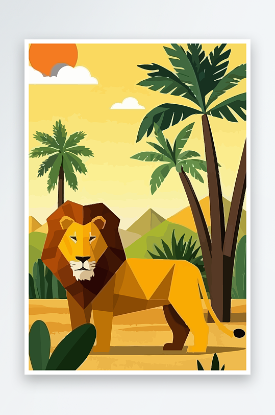 卡通狮子绿植插画-众图网