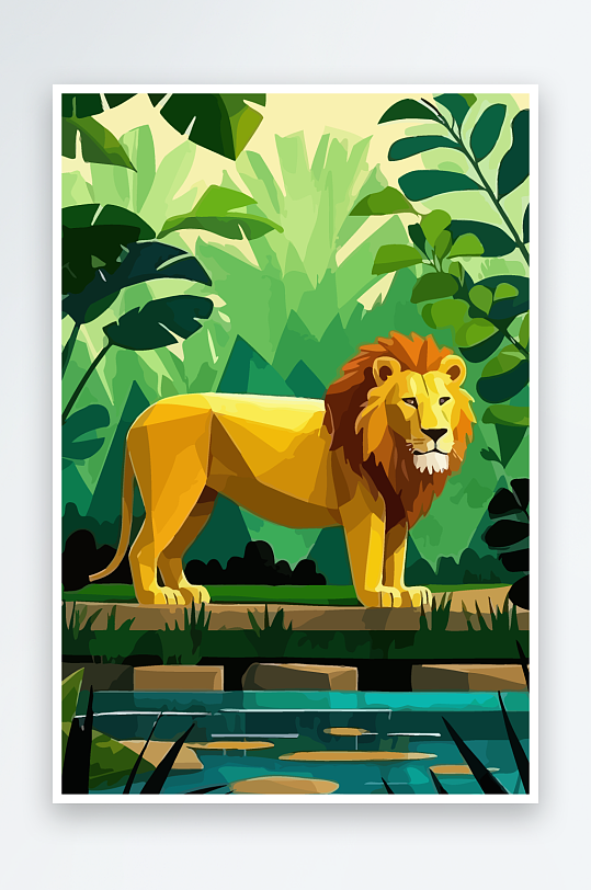 卡通狮子绿植插画-众图网