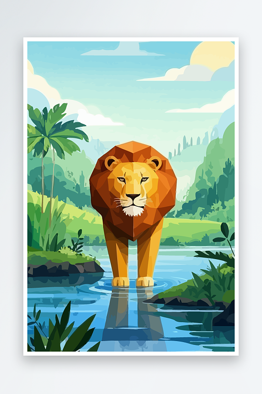 卡通狮子绿植插画元素-众图网