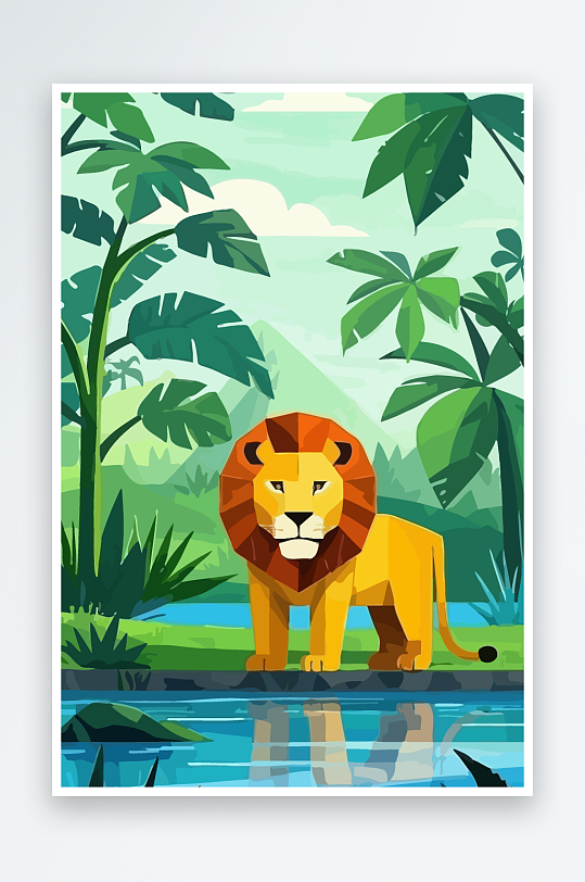 卡通狮子绿植插画元素-众图网