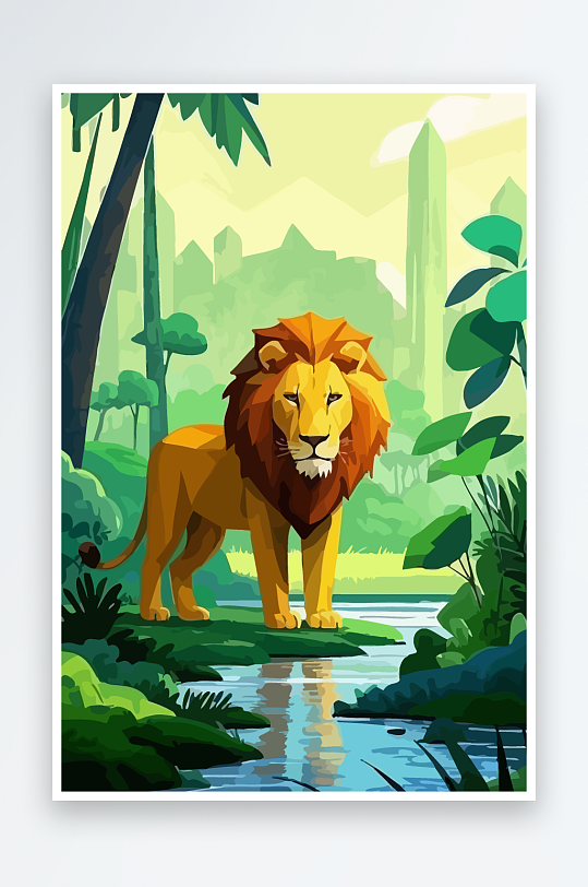 卡通狮子绿植插画-众图网