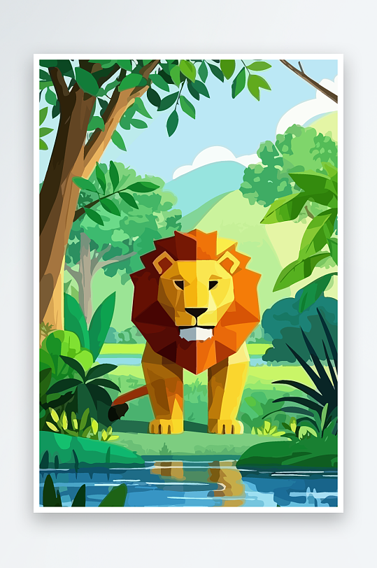卡通狮子绿植插画-众图网