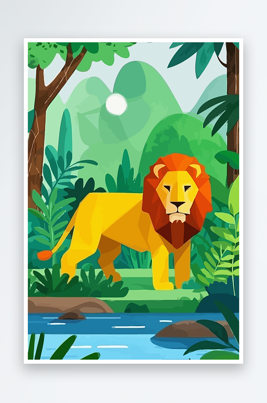 卡通狮子绿植插画-众图网