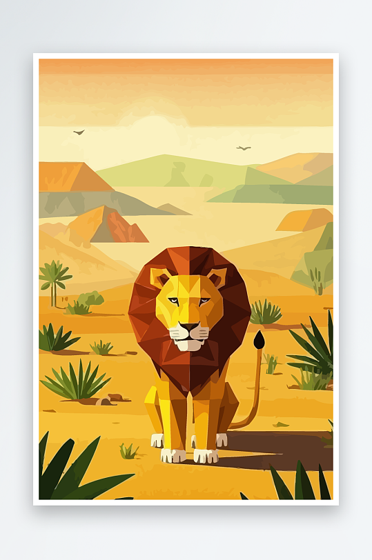 卡通狮子绿植插画-众图网