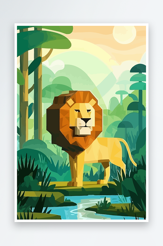 卡通狮子绿植插画元素-众图网