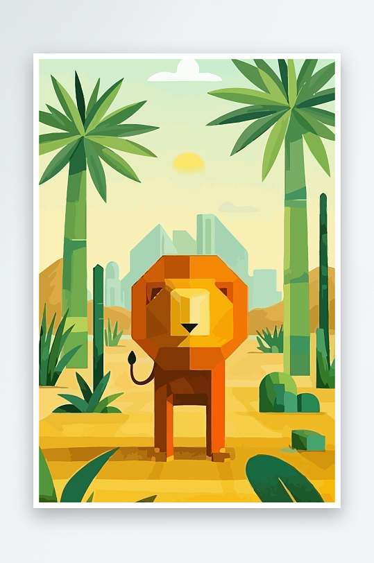 卡通狮子绿植插画元素-众图网